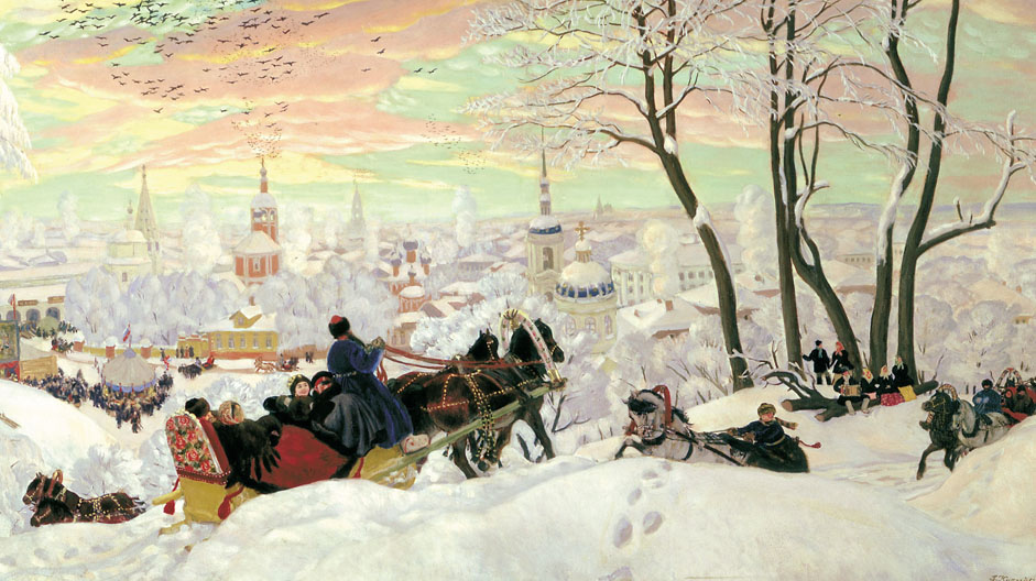 The result was "Maslenitsa" (1916) — an idyllic panorama of this Shrovetide celebration in a Russian provincial town. Kustodiev worked on this cheerful picture in wretched circumstances: as a result of a serious illness in 1916, he was confined to a wheelchair and tormented by recurrent pain.
