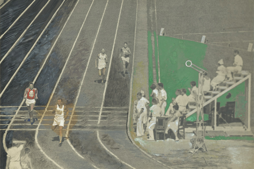 レース。「ディナモ」スタジアム。 1935年。アーティストのゼラチン•シルバー•プリント、ガッシュ。 // 1920年代半ばから、A.ロドチェンコは、自身の写真を色付けする忘れられた技法を復活させた。着色の使用に、写真編集の経験が役立った。