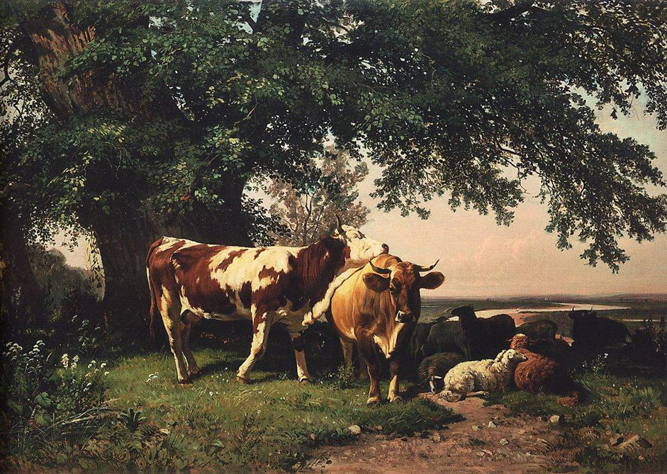 In school, Shishkin was immediately drawn to landscape painting. The artist was forever sketching and drawing in the Sokolniki forest area in suburban Moscow. He studied the shape of plants and vegetation, delving deep into the anatomy of nature with great enthusiasm. // "Herd under the trees", 1864