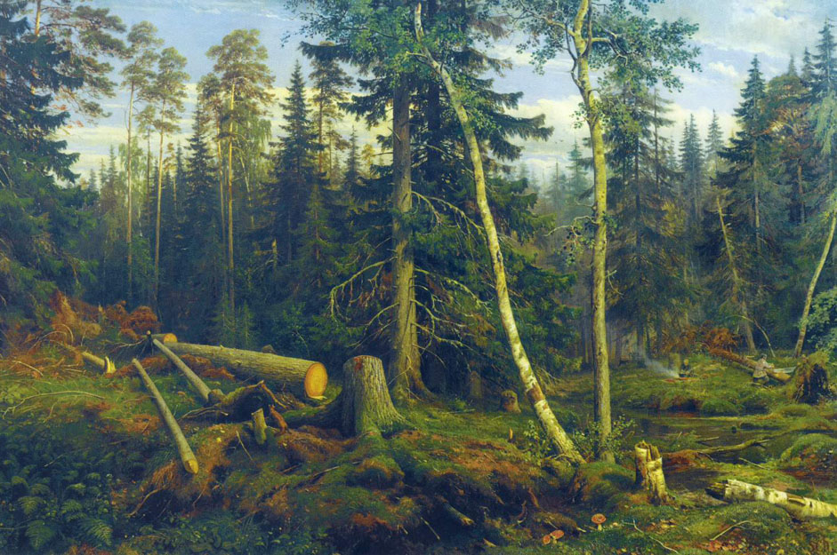 The epic poise of the Russian forest and the inescapable and elemental belonging of Russian nature in Shishkin’s oeuvre began with the painting "Lumbering" (1867). Thereafter, the theme of the Russian forest continued to the end of the artist's life, never running dry. // "Lumbering", 1867