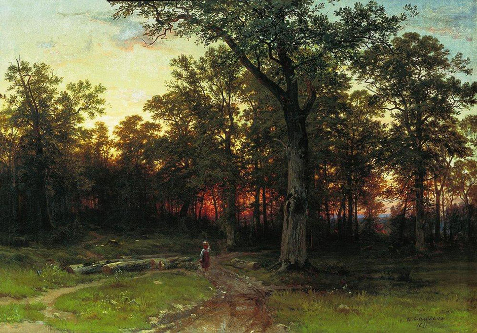 In April 1874, Shiskin’s first wife Yevgenia died, and soon afterwards their young son. Weighed down by personal sorrow, he temporarily abandoned his work. But by 1875, at the 4th Circulating Exhibition, Shishkin was able to present a series of pictures. // &quot;Wood in the evening&quot;, 1869