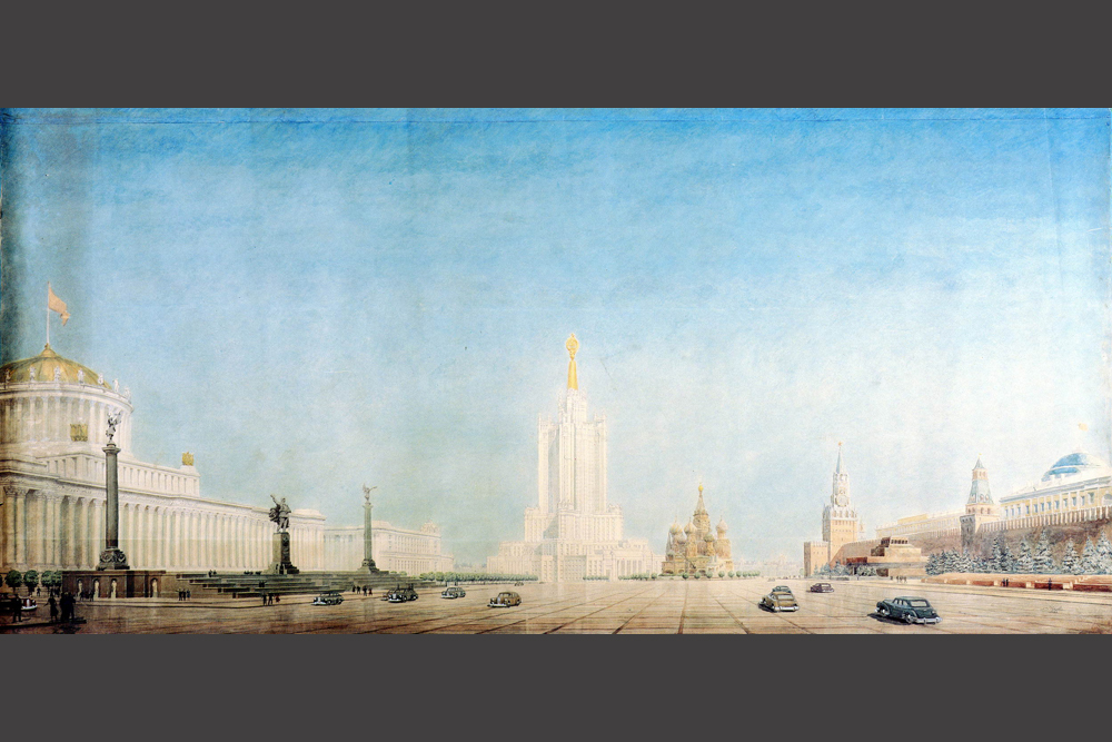 1947年に、ソ連政府はモスクワの高層ビル建設の布告を出した。1950年代初頭までには、高層ビルがレーニンヒルズ、スモレンスク広場、レールモントフ広場、コムソモリスカヤ広場、クトゥーゾフスキー・プロスペクト、コテルニーチェスカヤ・ナベレジュナヤ、そしてヴォスタニヤ広場に建設された。市内中心部のスカイラインの主要なランドマークの一つとして予定されていた32階建ての事務所ビル、ザリャディエだけの工事が完了しなかった。