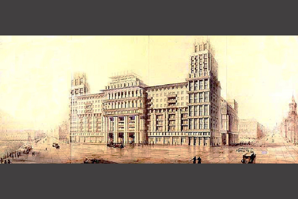 En 1931, la ville de Moscou a lancé un appel d'offres fermé pour la construction d'un hôtel de 1.000 chambres, destiné à être le plus luxueux de son temps. Parmi les six offres reçues, le projet architectural du jeune duo d'architectes L. Savelyev et O. Stapran a été sélectionné. L'Hôtel Moskva, c'est ainsi qu'il fut nommé, a été achevé en 1934.