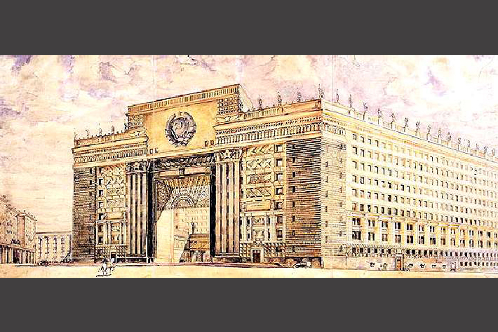 建築家L. ルドネフの建物は、モスクワで最も顕著なもののうちのいくつかである。彼はレーニン・ヒルズ（現在雀が丘として知られる）にモスクワ州立大学の高層建造物を構築するためのプロジェクト（１９５３年）のデザインチームを率いていた。部分的にしか実装されなかったアルバート広場のための彼の設計プロジェクトは、1930年代の人民委員の建物の悲観的な素晴らしさから1940年代と50年代初期の建築の特徴である高揚と尊大さまで、建築家の変遷を反映している。 //人民委員の建物