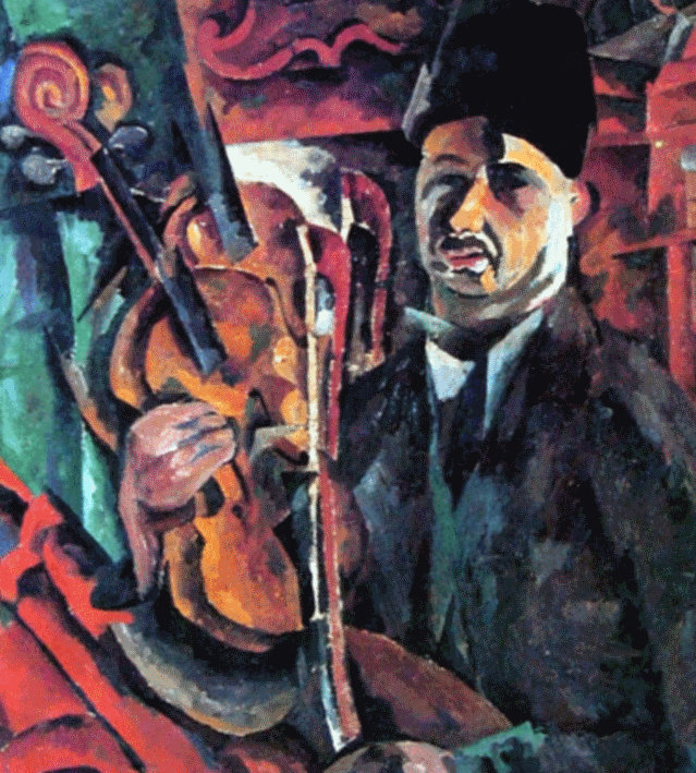 Theaterization and the principle of acting are clearly manifested in Lentulov's landscapes and portraits, for example, his 1919 "Self-Portrait with Violin." He became slowly but increasingly enamored of the real embodiment of objects, people, and nature, admitting that he "didn't want to paint on the subject of folds of clothing, the nose, ears, etc., but to paint the actual folds, nose, ears, head, trees as they really exist..." // "Self-Portrait with Violin", 1919