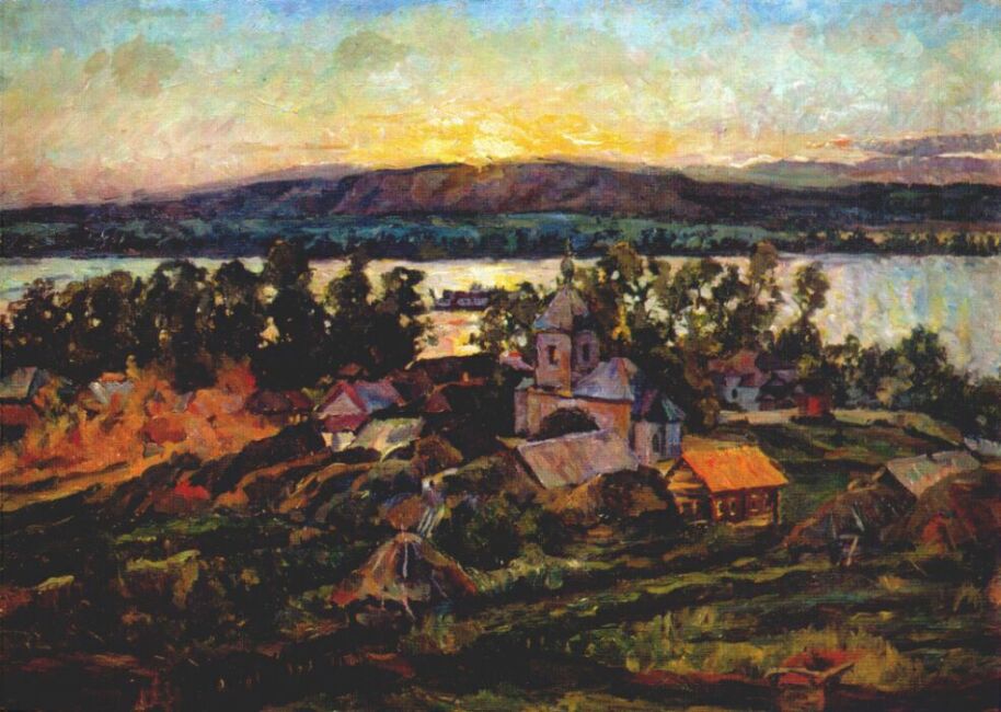 After becoming the chairman of the Society of Moscow Artists (which in 1928 united most of the "Jacks"), he switched to tonal painting, preserving somewhat the shades of the forced chromaticity that once held sway; he created landscapes, portraits, and still lifes, filled with a sense of the fullness of life ("Sun above the Roofs. Sunrise," 1928, "Vegetables," 1933, etc.). // "Sunset on the Volga," 1928
