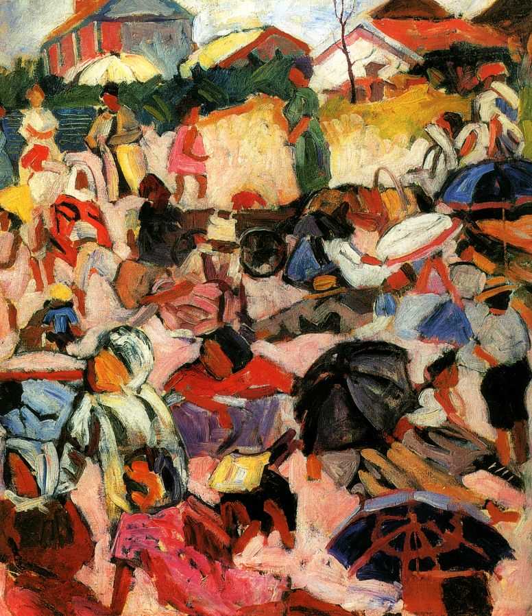 In 1907, in St Petersburg, he struck up a friendship with the "father of Russian futurism," David Burliuk, and his brother Vladimir, who both greatly appreciated the artist. Lentulov studied the Classics at the Hermitage, simultaneously taking part in a variety of startling events and exhibitions. // "The umbrellas", 1910
