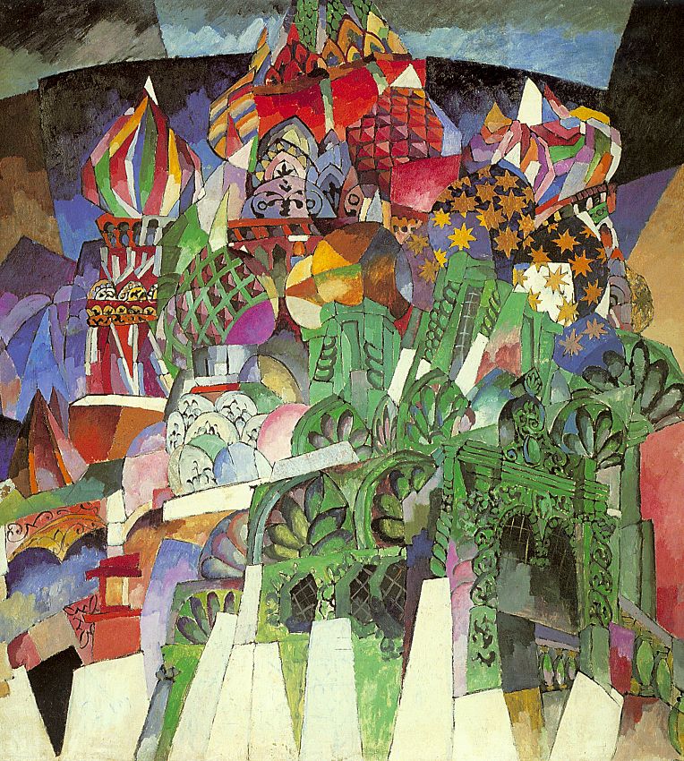 The name "Jack of Diamonds" was conceived by chance, and Lentulov always insisted that it was he, not Larionov, who coined it. The artists who participated in the "Jack of Diamonds" exhibitions cultivated the concept of thingness and objectness. The rhythmic structure of Lentulov's landscapes gradually began to resemble architecture carved out of nature. // "The Saint Basil's cathedral", 1913