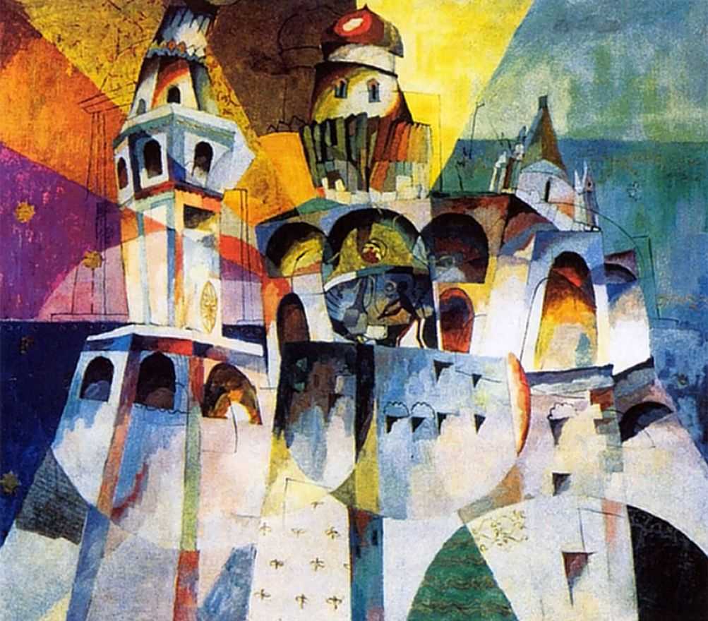 His large canvas painting of 1915 ("Ring of the Ivan the Great Belltower") was perceived by his contemporaries as the polyphonic embodiment of the many-voiced Easter chimes. The convention of form, color dynamics, and very real sense of time evoke that epoch of cataclysm, when many artists, poets, and musicians burned with "fever" on the threshold of the changes that their creativity had anticipated. // "Ring of the Ivan the Great Belltower", 1915