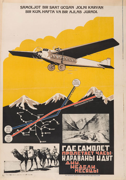 10 Ako avionu trebaju sati, karavanama će trebati dani, tjedni, mjeseci (1930-te)// Autor: A. Stren.  Uzbečki (latinica), i ruski jezik.