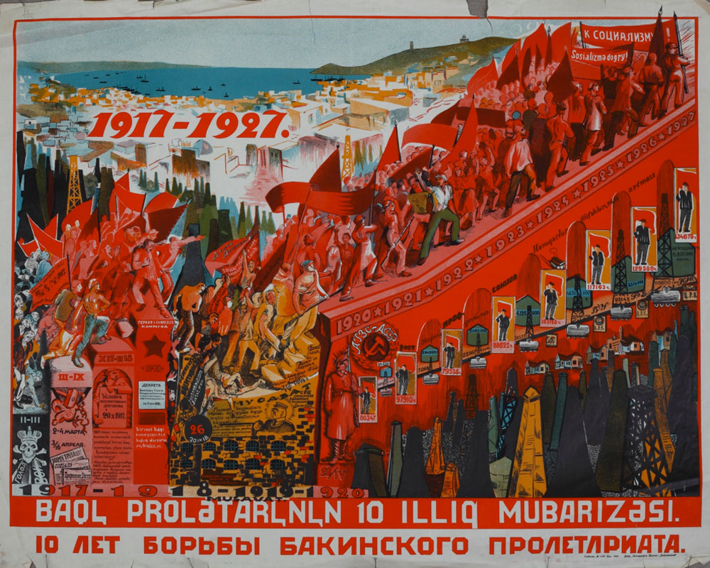 Desetogodišnja borba proletarijata grada Bakua. 1917-1927 (1927.). Tekst na ruskom i azerskom (latinica).