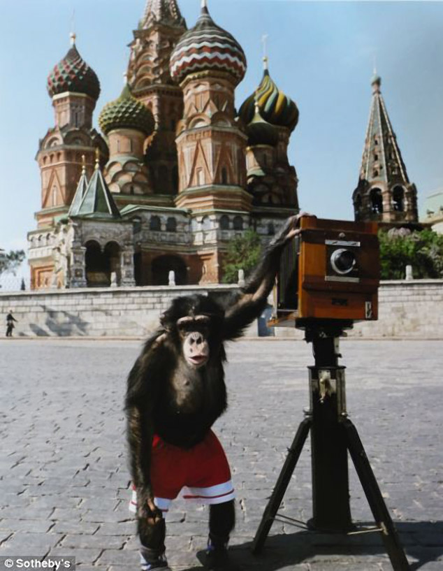 ヴィタリー・コマールとアレクサンドル・メラミドにより、赤の広場で写真の撮影方法を教わったサーカス用チンパンジーのミッ キーによる写真。全部が一組となって競売に掛けられたミッキーの18枚の写真は、50,000ポンドで落札された。
