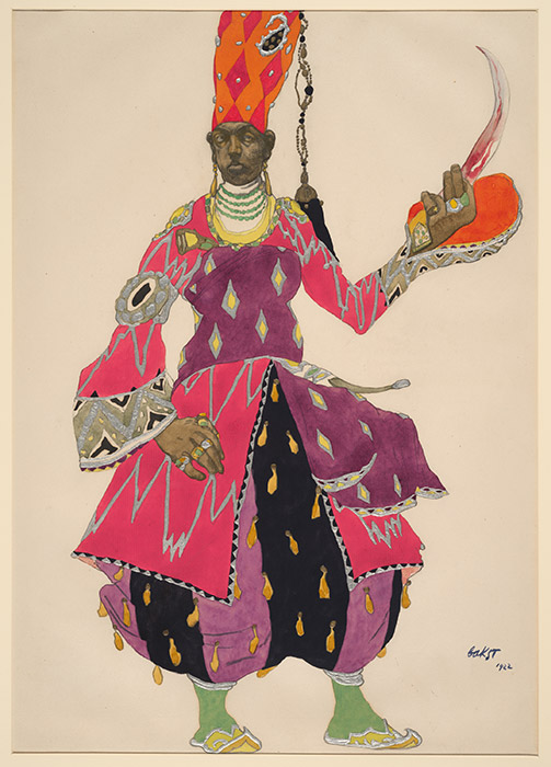 ディアギレフの輝かしいキャリア、そして、自分が生きた時代の美学を彼が推進した方法は、鮮明に活気づけさせるような詳細さで、国立芸術ギャラリー（NGA）の展示「ディアギレフとバレエ・リュス 1909〜1929年」で再現されている。/レオン・バクスト『シェヘラザード』の宦官の衣装、1922年