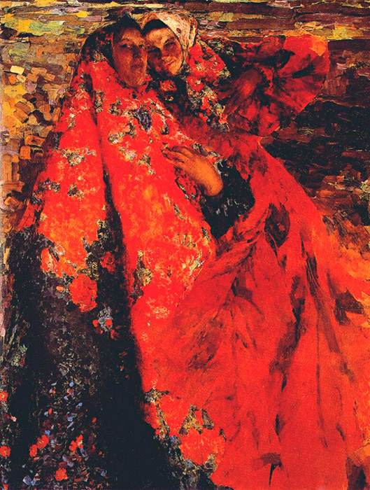 伝統的な背景、大きく描かれた人物、奥行きのあまりない空間、そして異様にめざましい色彩が特徴のマリャービンの大胆な絵画は、わざとそれを際立たせるかのように装飾的だ。/ 小作農の女、1904年