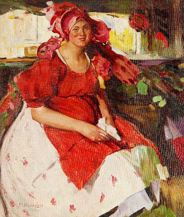 赤の色が、古代イコンの画家だった時以来、初めてマリャービンの絵画に用いられるようになったのは、注目に値する。/ 赤いドレスを着た小作農の女性、1905年