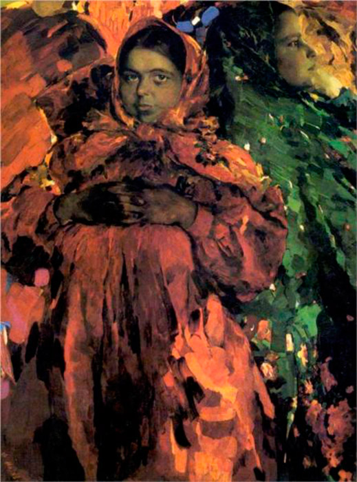 明るくカラフルな服を着た小作農の女性たちが、マリャービンの作品の主な題材だった。彼は、ロシアにおける民俗的なテーマの伝統 を独自の方法で捉え、女性の描写における力強くのびのびとした表現の新時代を強調し、同時に威厳を与えた。/ 『2人の女の子』（1910年）