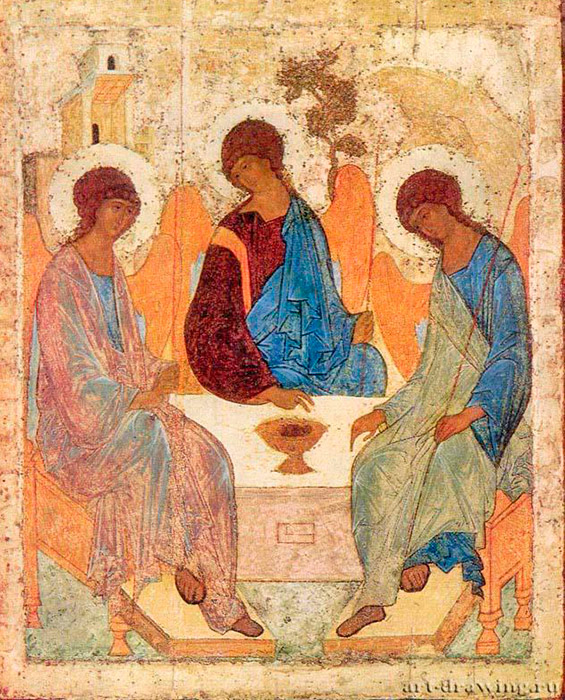 Although Rublev's name is managed in the chronicles in relation to the construction of various churches, he became known as an artist only in the early 20 century after the 1904 restoration of "The Trinity". In Rublev's icon, attention is centered on three angles and their silent conversation. God the Father blesses God the Sun at his death on the cross in the name of love for all people. The Holy Spirit (the right angel) is present as a consoler, confirming the profound meaning of sacrificial, forgiving love. / The Trinity, 1410