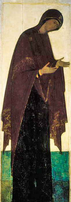 In Rublev's deesis at the Dormition Cathedral, there is an image of the young Virgin Mary dressed in dark colors that is unusually minimalist, yet conquers with its strict, noble beauty. Byzantine artists painted the Virgin Mary differently, expressing a tragic beginning in her image. This Virgin is not as young as Rublev's and is drawn in heavy, deaf tones. Russian artists strive to stir bright, cheerful feelings in the viewer. / The Virgin Mary, 1408