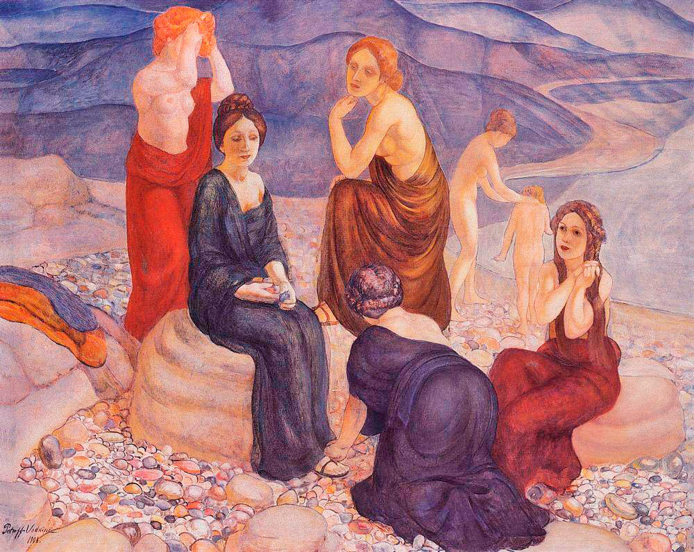 If such paintings as Elegy, Shore, and even Sleep could be created outside Russia as well, then the overwhelming majority of Petrov-Vodkin’s works from the 1910s pertain to the most striking manifestations of his artistic vision’s specific national features that are organically tied by their roots to ancient Russian art. // Shore, 1908