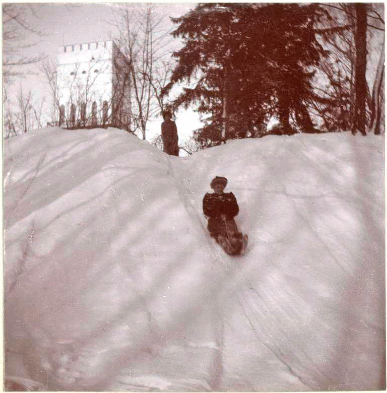 Sledding around Bastion on the near the White Tower, the western side of Alexandrovsky Palace. The park is near the town of Pushkin, 680 kilometers from Moscow, 25 kilometers from Saint Petersburg. It is also known as Tsarskoye Selo.
