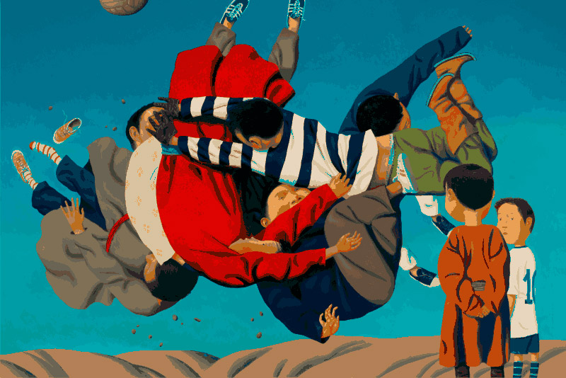 ブリヤートの文化は、アーティスト、ゾリクト・ドルジエフと彼の『ステップのニルヴァーナ』作品群が示すように、エキゾチックで独特なものだ。その中で、ゾリクトは各種の技法を用いて、古来から現代まで伝わる遊牧文化の主要な影響を、現代的なイメージに表現している。/ 『サッカー』、2013年。キャンバスに油彩