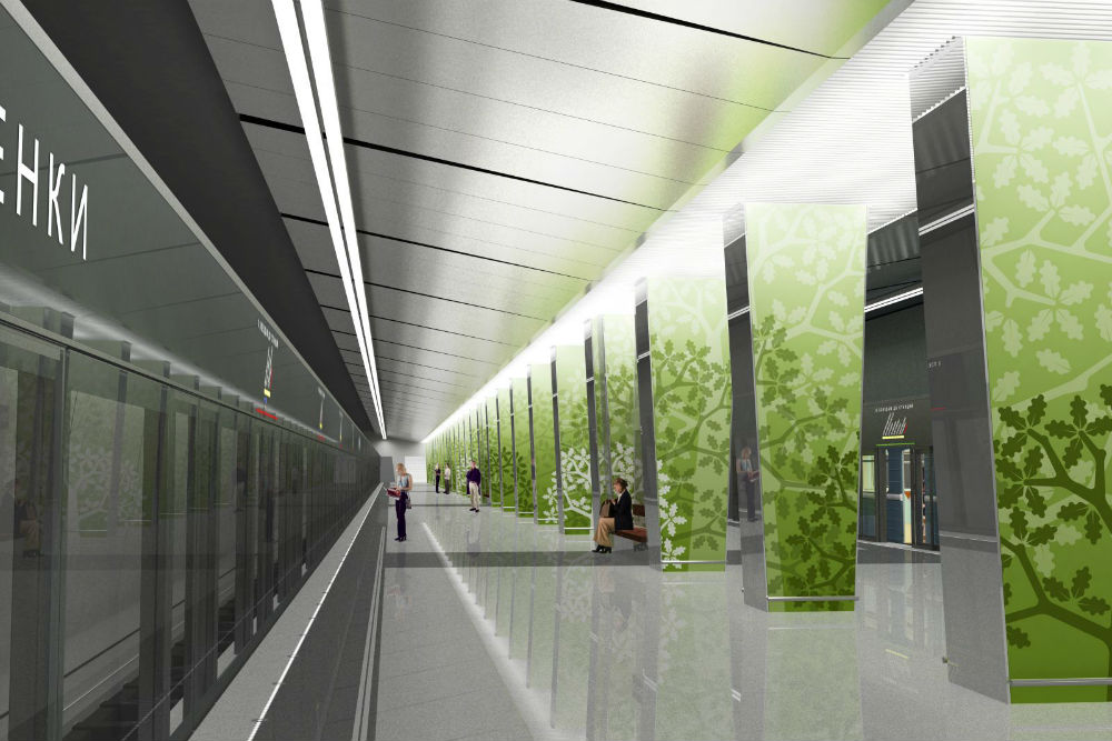 ラメンキ駅//ラメンキ駅の設計テーマは、この地区の歴史から発想を得ている。緑を背景とする木々のシルエットは、この地域にかつて存在していた樫の森を彷彿とさせるものだ。利用客の安全を確保するために、プラットフォームの端と線路の間にはガラス製のスライド型ドアが設置される。/予定開業日：2015年