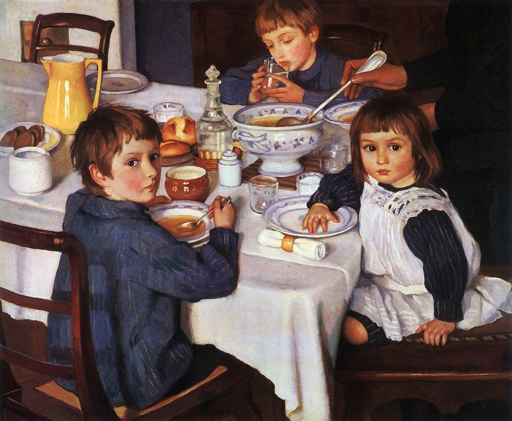 During the civil war in Russia in 1917, Zinaida’s husband worked in Siberia as a railway engineer, while she and her four children remained at the Neskuchnoe estate. It proved impossible to relocate to Petrograd (now St Petersburg). Serebryakova moved instead to Kharkov (in modern Ukraine). \ At Breakfast, 1914