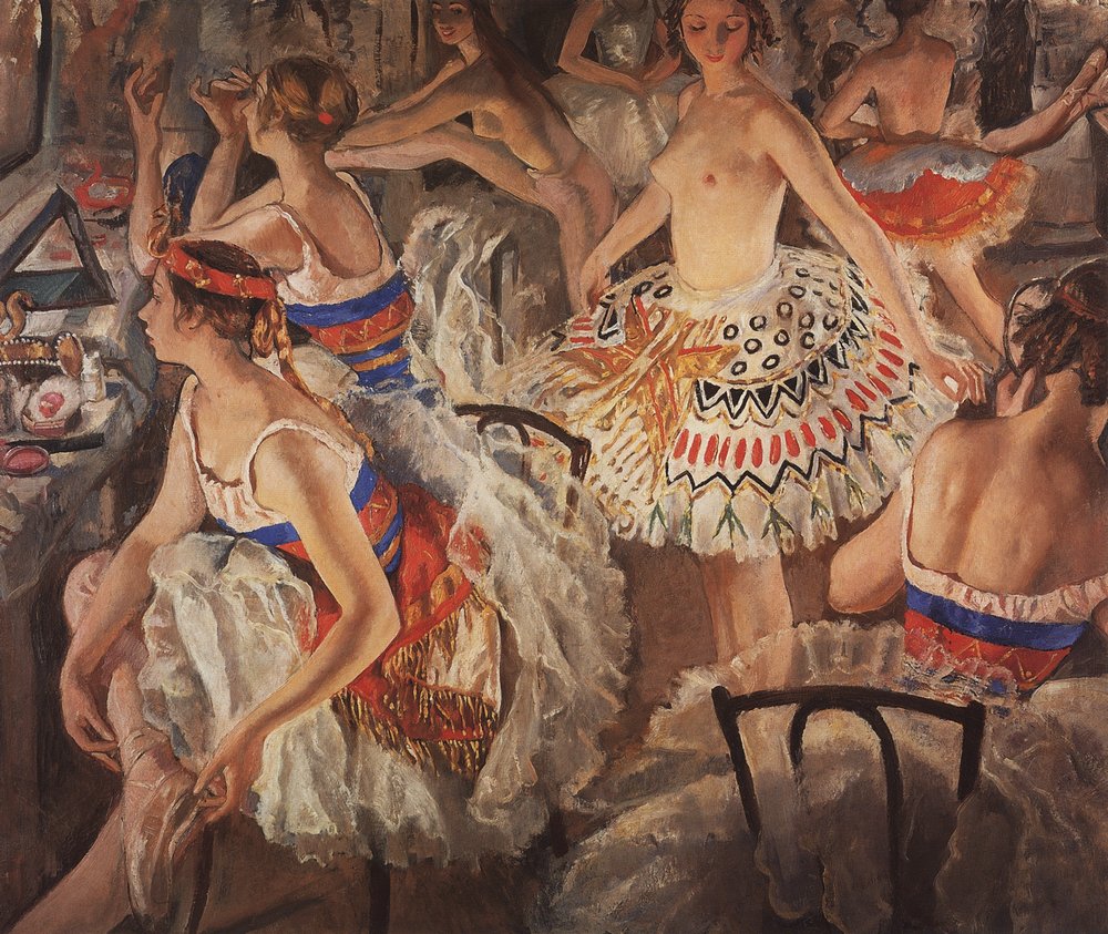 In the 1920s, Zinaida Serebryakova returned with her four children to St Petersburg. Daughter Tatiana began to study ballet. Zinaida often attended the Mariinsky Theatre with her daughter and went backstage. The creative dialogue she had with the ballerinas over the course of three years is reflected in the amazing series of ballet portraits and compositions. \ In the Ballet Dressing Room (Great Ballerinas), 1922