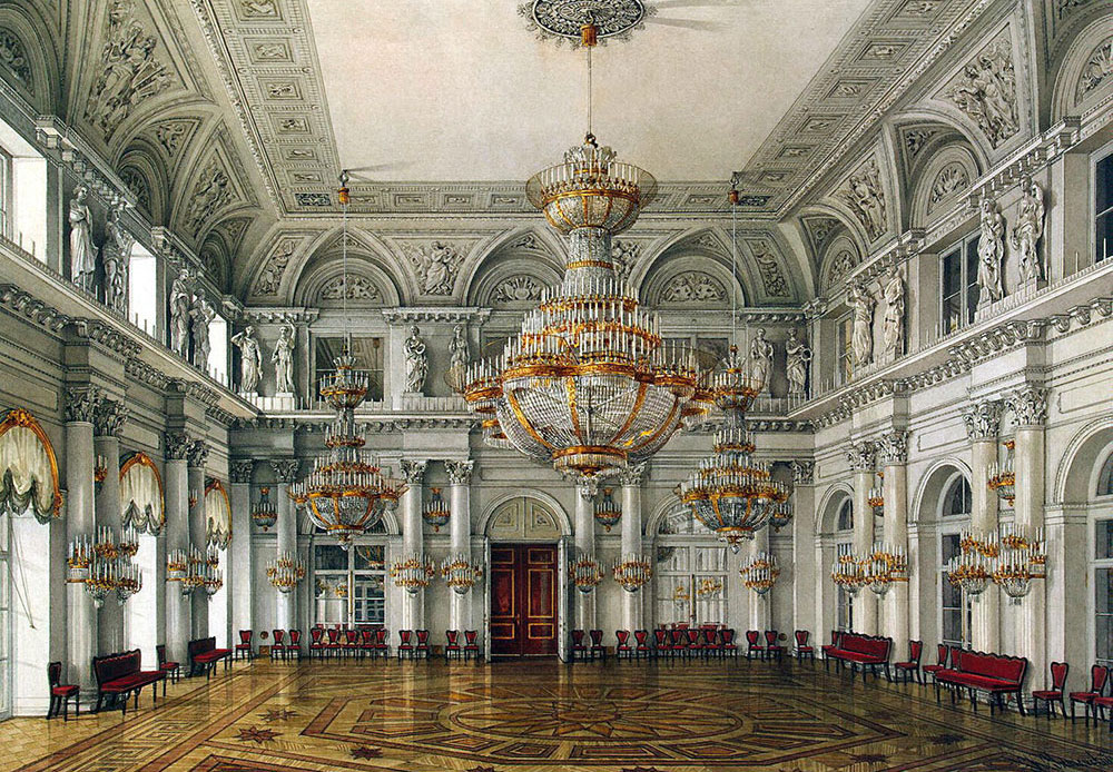The current building was constructed between 1754—1762 by the Italian architect Francesco Bartolomeo. Rastrelli in Elizabethan Baroque style. This term describes the Russian Baroque architectural style under Empress Elizabeth Petrovna (1741-61) that includes elements of French Rococo in interiors. / Concert Hall