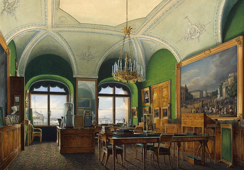 Der russische Künstler Eduard Gau bildete in seinen Aquarellgemälden die ganze Pracht, Brillanz und Opulenz der Räume im Zarenpalast ab./ Der Große (Nikolaus) Saal