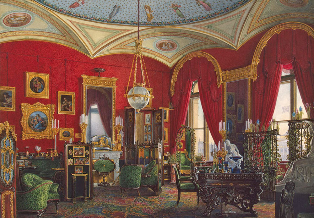 1850年代に、エドゥアルド・ガウはニコライ一世の命令を受け、ツァールスコエ・セロー、ペテルゴフと冬宮殿の内部を水彩画で描いた。ガウは1860年代と1870年代のアレクサンドル2世在位中、サンクトペテルブルグのニコラエフスキー宮殿、ミハイロフスキー宮殿とモスクワのクレムリン宮殿（モスクワでのロシア皇帝の王宮）も描いた。 / マリア・フョードロヴナの書斎
