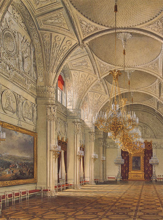 The Winter Palace illustrated in Gau's paintings was used as the official winter residence of Russian emperors from the time of its completion in 1762 through 1904. /  Alexander Hall