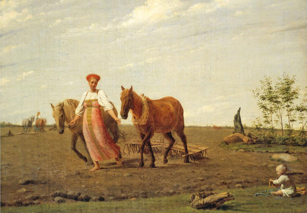 Venetsiantov peignait souvent des paysans ou des ouvriers. Dans ce tableau, on voit une femme russe labourant la terre et tout le paysage autour d’elle semble accueillir l’arrivée du printemps. / Aux champs, printemps, Alexeï Venetsiantov