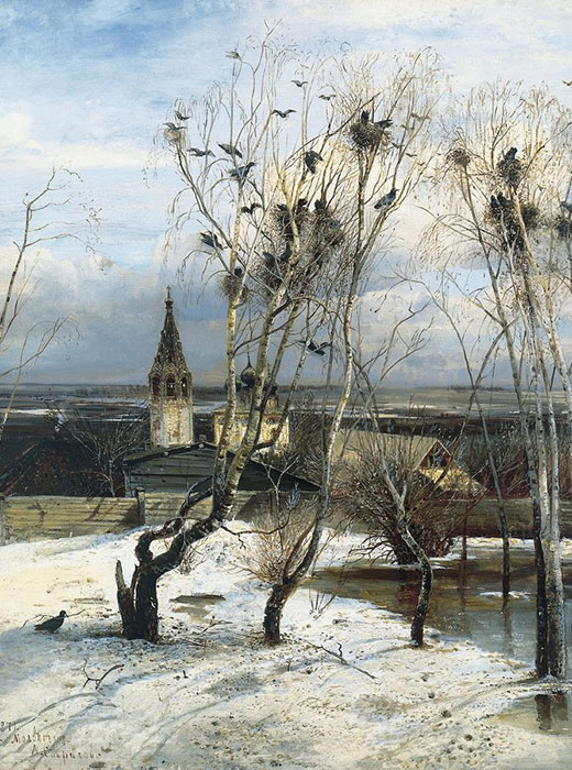 « L’arrivée des corbeaux » ( 1871) est un tableau célèbre d’un artiste russe, Alexei Savrasov, peint dans le village de Molvitino près de Kostroma (à 340 km de Moscou). Cette image d’un jour typique du début du printemps montre l’Église de la résurrection, encore intacte à ce jour.