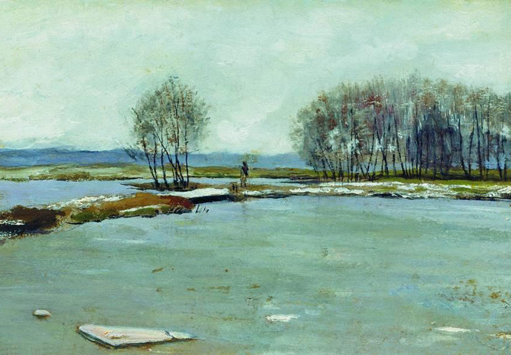 レヴィタンはしばしば目覚める自然をテーマとした。明るい太陽の光線と夏の熱さはまだ遠いが、雪が溶け始め、川から氷が消えていく、北部ロシアの春の情景を、彼はこよなく愛した。/ 「早春」、1899年、イサーク・レヴィタン