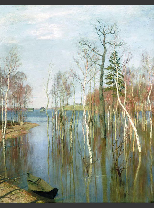 この絵も、春に捧げられたイサーク・レヴィタンの絵である。川が溢れ、洪水が起きる瞬間を描いているため、ロシア語では、この絵の題名は「春・大きな水」である。 / 「春の水」、1897年、イサーク・レヴィタン