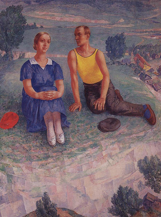 Za Petrov-Vodkina, ovo je neobična vizija proljeća. Umjetnik prikazuje proljetni, već zeleni krajolik. U kasnijim godinama, slikar je napustio apstraktno slikarstvo i pokušavao se izraziti kroz prikaze običnih ljudi, junake njegovih slika. // Proljeće, 1935., Kuzma Petrov-Vodkin