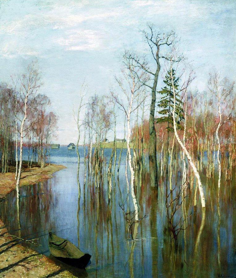 Another painting by Isaac Levitan dedicated to spring. In Russian, it is literally called “Spring — Big Water”, as it depicts the moment when a river swells over and floods everything around. / Spring High Waters, 1897 Isaac Levitan