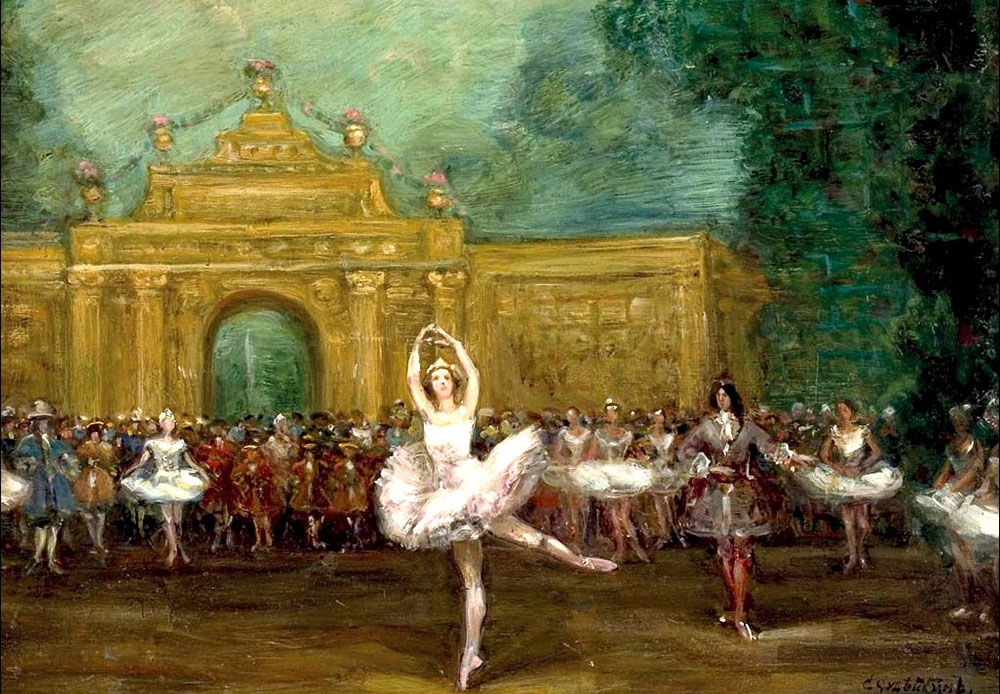 バレエ「アルミードの館」は1907年、サンクトペテルブルクのマリインスキー劇場で初演された。その2年後、ディアギレフのバレエ・リュスがパリ初演を行い、アンナ・パヴロワが主役を務めた。 / セルゲイ・スデイキン「バレエ・リュス」（「アルミードの館」を踊るパヴロワとニジンスキー）、1907年