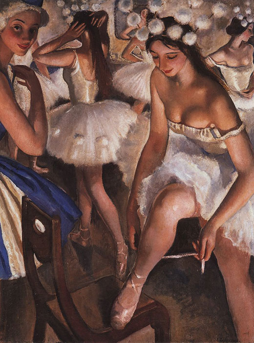 Les beaux-arts et la dance se sont mutuellement enrichis au cours du XXe siècle : dans une grande mesure, c’est la peinture qui a présenté le ballet russe au monde et qui l’a rendu si célèbre. / Zinaida Serebriakova, les vestiaires des danseuses.