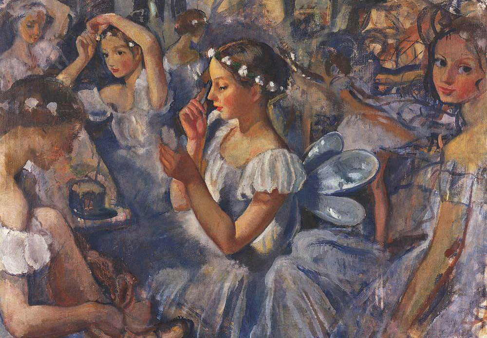 画家のジナイーダ・セレブリャコヴァ(1884-1967)は、3年にわたりマリインスキー劇場でバレエのリハーサルを見学し、様々なバレリーナの肖像画や稽古の風景を描いた。 / 「レ・シルフィード」（バレエ「ショパニアーナ」）、ジナイーダ・セレブリャコヴァ、1924年