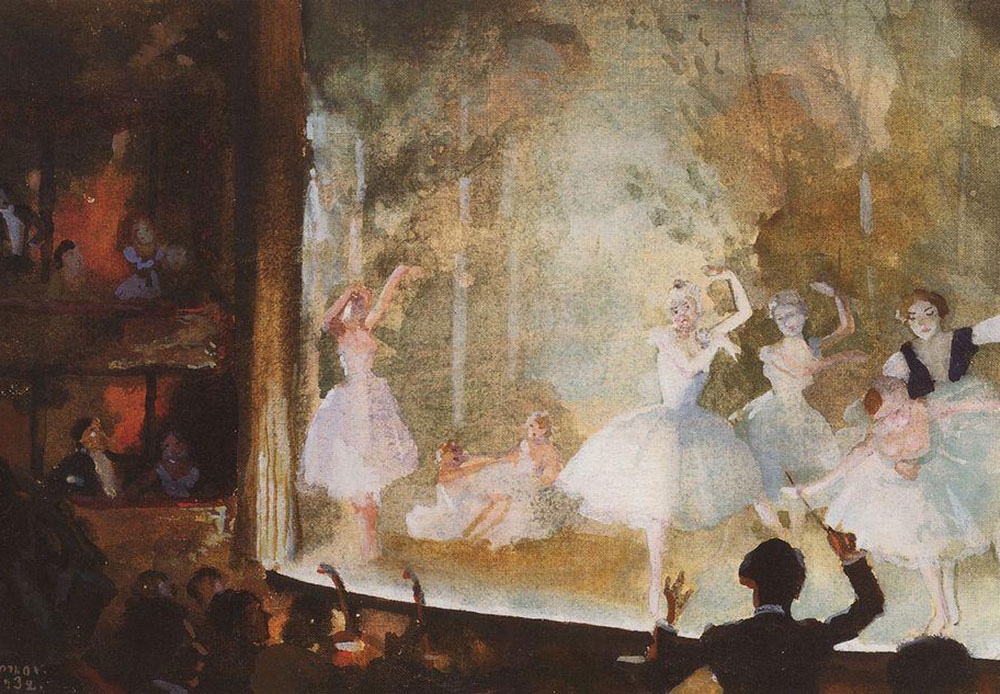 ロシア文化を世界に広めたセルゲイ・ディアギレフによって、ロシアのバレエもより知られるところとなった。1909年にパリとロンドンとローマで始まったバレエ・リュス（ロシア・バレエ団）の公演の為に、数多くのロシア人画家を雇い、舞台デザインや舞台の装飾を依頼した。 / 「バレエ・リュス　シャンゼリゼ通り　ラ・シルフィード」、コンスタンティン・ソモフ