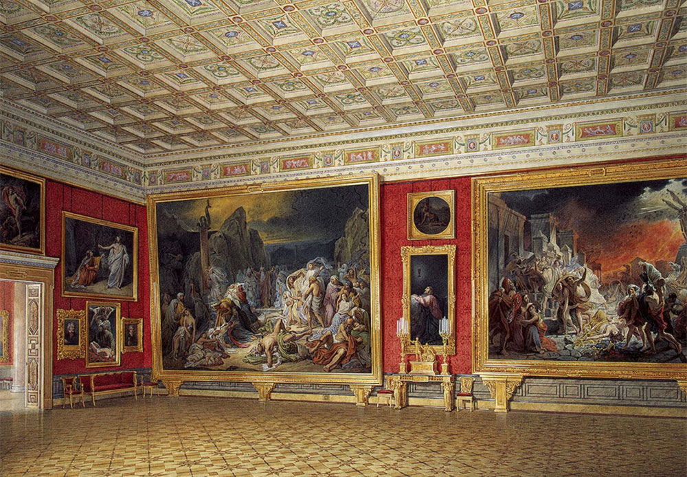 ガウは、皇帝ニコライ1世の命により、1850年代より冬宮の屋内を水彩で描き始めた。そしてその少し後には、小エルミタージュと新エルミタージュの威風堂々たる内装に着手した。 /  新エルミタージュの屋内。 ロシア絵画