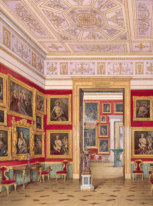 Les tableaux et les sculptures acquis par Catherine II représentent le trésor le plus précieux de l'Ermitage. Ils ont servi de base pour la collection du musée. Dans chaque bâtiment, les murs étaient ornées de plusieurs rangées de tableaux. / Intérieurs du Petit Ermitage. Galerie Est