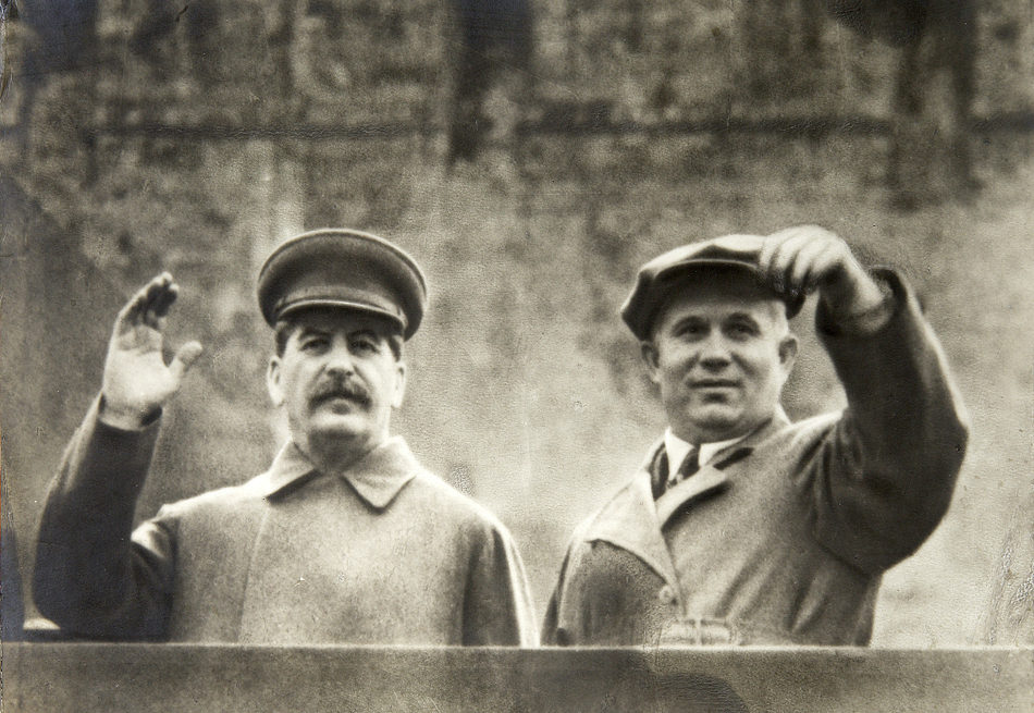 3. Do not cultivate the leaders of your country (After Stalin's death Khrushchev denounced Stalin, the cult of personality he had fostered and the crimes he had perpetrated) // Joseph Stalin and Nikita Khrushchev on the tribune of Lenin's Mausoleum, Moscow, Soviet Union, c1935-c1937.