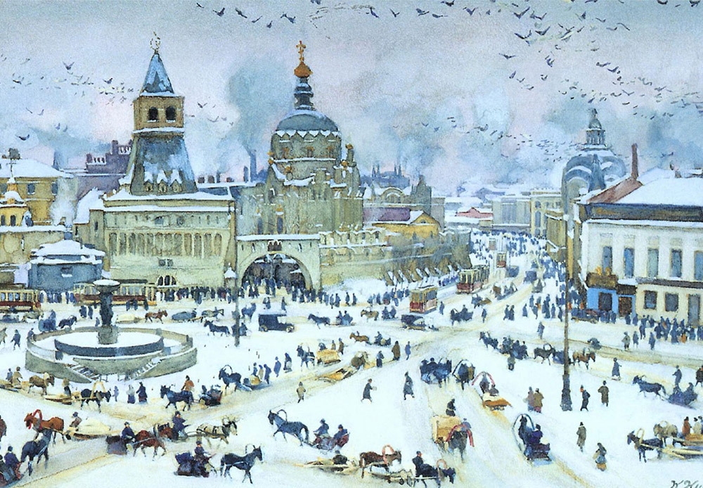 　モスクワは、教会、歴史的建造物、幅広い通りや隠れた中庭などの美しさに満ちているため、画家にとって常に創造性を刺激する源であり続けた。画家たちは、それぞれ独自の方法で自らの作品にその美を表現した。/ 『冬のルビャンスカヤ広場』、コンスタンティン・ユオン、1905年