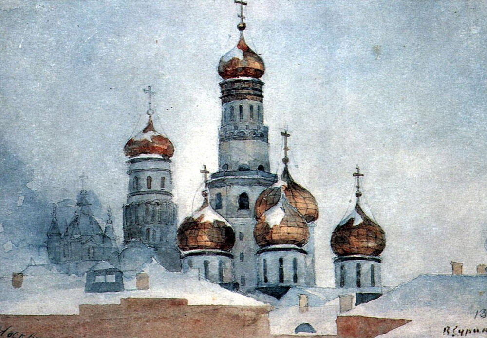 Dok je stvarao, Vasilij Surikov poklanjao je veliku pažnju kompoziciji u svojim djelima te si je tako u umjetničkim krugovima zaslužio nadimak „Kompozitor“. / Zvonik Ivana Velikog, Vasilij Surikov, 1876.