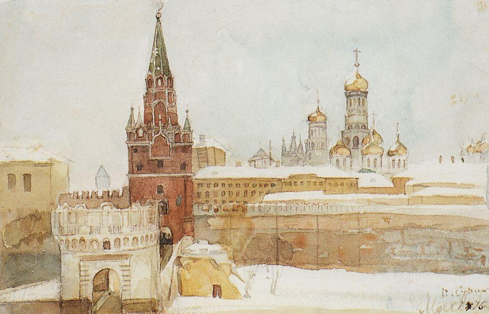Vasilij Surikov rođen je u Krasnojarsku, a potječe od donskih kozaka. Preselio se u Moskvu 1876. u vrijeme oslikavanja freski u katedrali Krista Spasitelja. Premda je sanjao o povratku u Krasnojarsk, ta žudnja za rodnim mjestom nije ga spriječila u slikanju prekrasnih moskovskih pejzaža, kao što je pogled na Kremlj zimi, 1876.