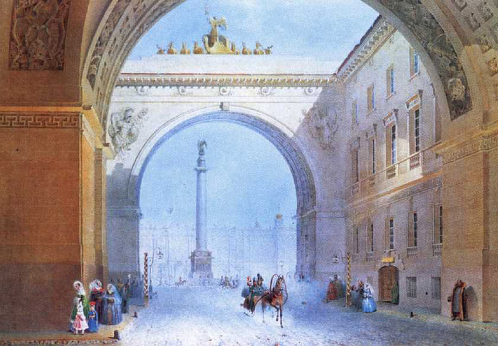 ロシア帝国の参謀本部は、サンクトペテルブルクの宮殿広場にある建物内に所在したが、それはかつて冬宮殿（現エルミタージュ美術館）があった場所の近くである。宮殿の両翼は、6頭の馬に牽引され、そびえ立つ馬車の彫刻が施されたアーチでつながっている。/参謀本部の建物のアーチ、ヴァシリー・サドフニコフ