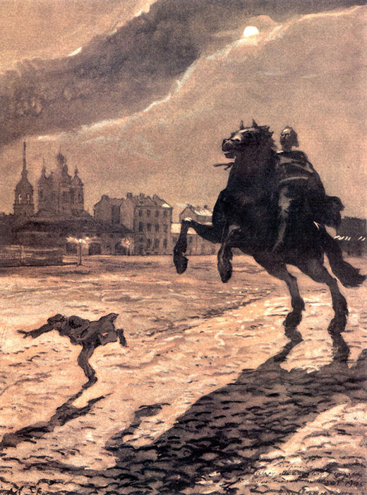 アレクサンドル・ベノワは、サンクトペテルブルクにあるピョートル大帝の偉業を称えた騎馬像を題材とする、アレクサンドル・プーシキンの叙事詩『青銅の騎士』のためにこのイラストを制作した。青銅の騎士すなわちピョートル大帝像が生き返り、主人公が逃げる地面上に、背後の満月が長く恐ろしい影を投げかけている。/ プーシキンの叙事詩の表紙に使用された青銅の騎士のデザイン、アレクサンドル・ベノワ